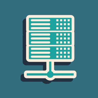 Yeşil Sunucu, Veri, Web Barındırma simgesi mavi arka planda yalıtılmış. Uzun gölge stili. Vektör İllüstrasyonu