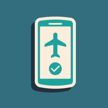 Mavi arka planda yalıtılmış cep telefonu simgesinde Yeşil Uçuş modu. Uçak veya uçak uçuş çevrimdışı modu yolcu yönetmeliği havayolu . Uzun gölge stili. Vektör İllüstrasyonu