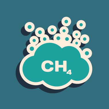 Yeşil Metan emisyon azaltma simgesi mavi arka plan üzerinde izole. Ch4 molekül modeli ve kimyasal formülü. Bataklık gazı. Doğalgaz. Uzun gölge stili. Vektör İllüstrasyonu