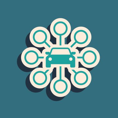 Mavi arka planda yalıtılmış Yeşil Araba paylaşım simgesi. Araba paylaşım işareti. Ulaşım kiralama hizmeti konsepti. Uzun gölge stili. Vektör İllüstrasyonu