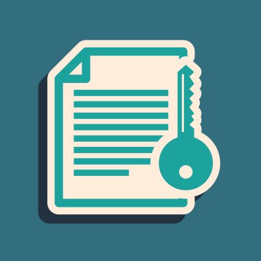 Yeşil Akıllı sözleşme simgesi mavi arka planda yalıtılmış. Blockchain teknolojisi, kripto para madenciliği, bitcoin, altcoins, dijital para piyasası. Uzun gölge stili. Vektör İllüstrasyonu