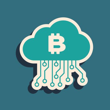 Mavi arka planda yalıtılmış Yeşil Cryptocurrency bulut madenciliği simgesi. Blockchain teknolojisi, bitcoin, dijital para piyasası, kripto para cüzdanı. Uzun gölge stili. Vektör İllüstrasyonu