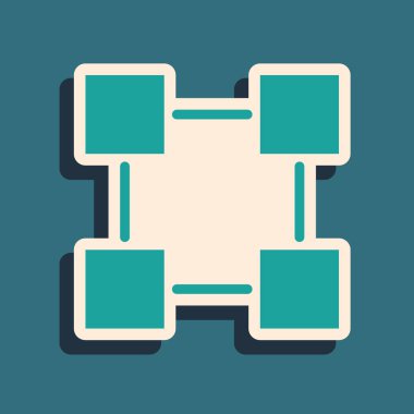 Yeşil Blockchain teknoloji simgesi mavi arka plan üzerinde izole. Kripto para birimi verileri. Soyut geometrik blok zincir ağ teknolojisi iş. Uzun gölge stili. Vektör İllüstrasyonu