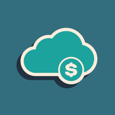 Mavi arka planda yalıtılmış Yeşil Cryptocurrency bulut madenciliği simgesi. Blockchain teknolojisi, bitcoin, dijital para piyasası, kripto para cüzdanı. Uzun gölge stili. Vektör İllüstrasyonu