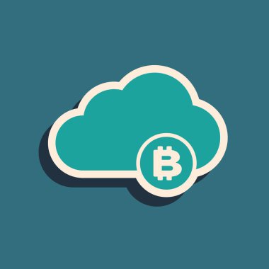 Mavi arka planda yalıtılmış Yeşil Cryptocurrency bulut madenciliği simgesi. Blockchain teknolojisi, bitcoin, dijital para piyasası, kripto para cüzdanı. Uzun gölge stili. Vektör İllüstrasyonu