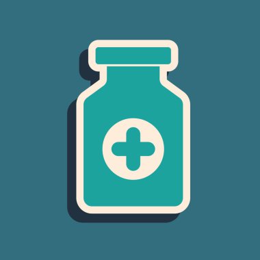 Yeşil Tıp şişe simgesi mavi arka plan üzerinde izole. Şişe hapı işareti. Eczane tasarımı. Uzun gölge stili. Vektör İllüstrasyonu