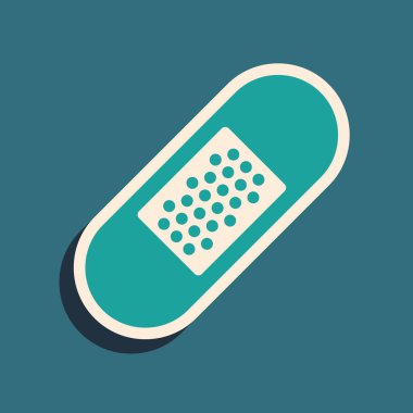 Yeşil Bandaj alçı simgesi mavi arka plan üzerinde izole. Tıbbi alçı, yapışkan bandaj, esnek kumaş bandajı. Uzun gölge stili. Vektör İllüstrasyonu