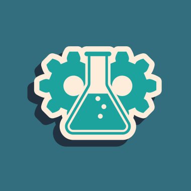 Yeşil Biyomühendislik simgesi mavi arka plan üzerinde izole. Genetik ve biyomühendislik simgesinin unsuru. Biyoloji, molekül, kimyasal ikon. Uzun gölge stili. Vektör İllüstrasyonu