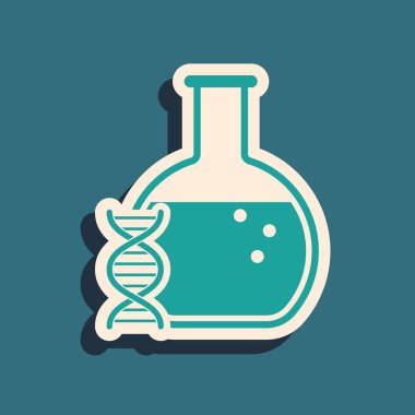 Yeşil DNA araştırması, mavi arka planda izole edilmiş arama simgesi. Genetik mühendisliği, genetik testi, klonlama, babalık testi. Uzun gölge stili. Vektör İllüstrasyonu