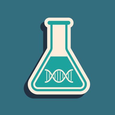 Yeşil DNA araştırması, mavi arka planda izole edilmiş arama simgesi. Genetik mühendisliği, genetik testi, klonlama, babalık testi. Uzun gölge stili. Vektör İllüstrasyonu