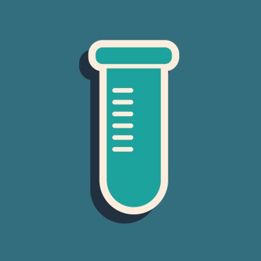 Yeşil Test tüpü veya mavar - kimyasal laboratuvar test simgesi mavi arka plan üzerinde izole. Laboratuvar, bilimsel cam işareti. Uzun gölge stili. Vektör İllüstrasyonu