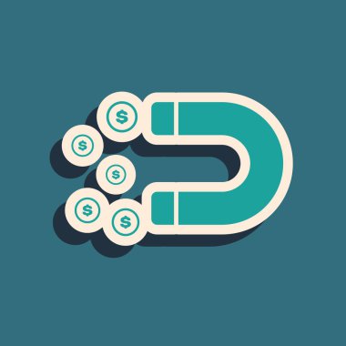 Mavi arka plan üzerinde izole para simgesi ile Yeşil Mıknatıs. Yatırım çekme kavramı, para. Büyük iş kar cazibe ve başarı. Uzun gölge stili. Vektör İllüstrasyonu