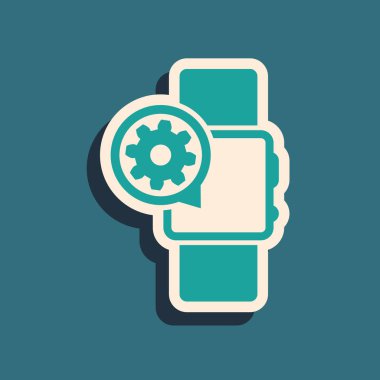 Yeşil Smartwatch ve dişli simgesi mavi arka plan üzerinde izole. Uygulama, servis konsepti, ayar seçenekleri, bakım, onarım, sabitleme ayarlama. Uzun gölge stili. Vektör İllüstrasyonu