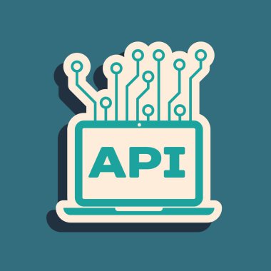 Mavi arka planda yalıtılmış Yeşil Bilgisayar api arabirim simgesi. Uygulama programlama arayüzü Api teknolojisi. Yazılım entegrasyonu. Uzun gölge stili. Vektör İllüstrasyonu