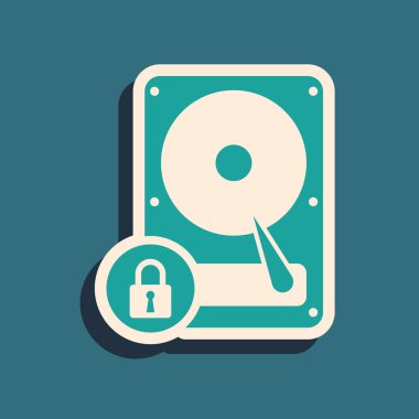 Yeşil Sabit disk sürücüsü ve mavi arka planda yalıtılmış kilit simgesi. Hhd ve asma kilit. Güvenlik, güvenlik, koruma konsepti. Uzun gölge stili. Vektör İllüstrasyonu