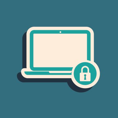Yeşil Laptop ve mavi arka planda yalıtılmış kilit simgesi. Bilgisayar ve asma kilit. Güvenlik, güvenlik, koruma konsepti. Güvenli internet çalışması. Uzun gölge stili. Vektör İllüstrasyonu