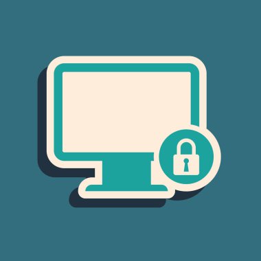 Mavi arka planda yalıtılmış bilgisayar monitörü ekran simgesinde Yeşil Kilit. Monitör ve asma kilit. Güvenlik, güvenlik, koruma konsepti. Güvenli internet çalışması. Uzun gölge stili. Vektör İllüstrasyonu