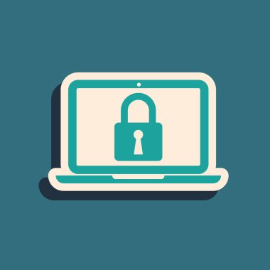 Yeşil Laptop ve mavi arka planda yalıtılmış kilit simgesi. Bilgisayar ve asma kilit. Güvenlik, güvenlik, koruma konsepti. Güvenli internet çalışması. Uzun gölge stili. Vektör İllüstrasyonu