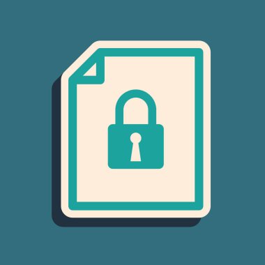 Mavi arka planda yalıtılmış Yeşil Belge ve kilit simgesi. Dosya biçimi ve asma kilit. Güvenlik, güvenlik, koruma konsepti. Uzun gölge stili. Vektör İllüstrasyonu