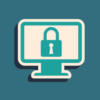 Mavi arka planda yalıtılmış bilgisayar monitörü ekran simgesinde Yeşil Kilit. Monitör ve asma kilit. Güvenlik, güvenlik, koruma konsepti. Güvenli internet çalışması. Uzun gölge stili. Vektör İllüstrasyonu