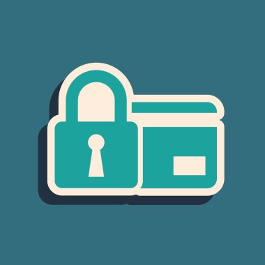 Mavi arka planda yalıtılmış kilit simgesine sahip Yeşil Kredi kartı. Kilitli banka kartı. Güvenlik, güvenlik, koruma konsepti. Güvenli bir ödeme kavramı. Uzun gölge stili. Vektör İllüstrasyonu