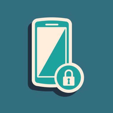 Mavi arka planda izole edilmiş kapalı asma kilit simgesine sahip Yeşil Akıllı Telefon. Kilitli telefon. Mobil güvenlik, güvenlik, koruma konsepti. Uzun gölge stili. Vektör İllüstrasyonu