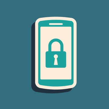 Mavi arka planda izole edilmiş kapalı asma kilit simgesine sahip Yeşil Akıllı Telefon. Kilitli telefon. Mobil güvenlik, güvenlik, koruma konsepti. Uzun gölge stili. Vektör İllüstrasyonu