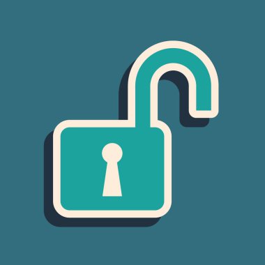 Mavi arka planda yalıtılmış Yeşil Açık asma kilit simgesi. Kilit işaretini açtı. Siber güvenlik konsepti. Dijital veri koruması. Güvenlik güvenliği. Uzun gölge stili. Vektör İllüstrasyonu