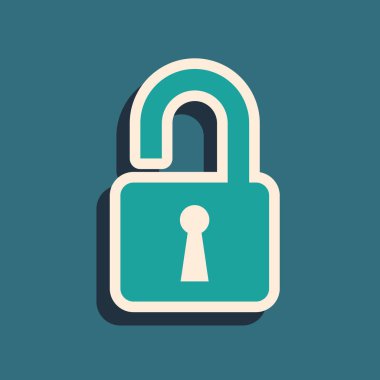 Mavi arka planda yalıtılmış Yeşil Açık asma kilit simgesi. Kilit işaretini açtı. Siber güvenlik konsepti. Dijital veri koruması. Güvenlik güvenliği. Uzun gölge stili. Vektör İllüstrasyonu