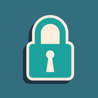 Mavi arka planda yalıtılmış Yeşil Kilit simgesi. Kapalı asma kilit işareti. Siber güvenlik konsepti. Dijital veri koruması. Güvenlik güvenliği. Uzun gölge stili. Vektör İllüstrasyonu