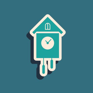 Yeşil Retro duvar saat simgesi mavi arka plan üzerinde izole. Guguklu saat işareti. Antika sarkaçlı saat. Uzun gölge stili. Vektör İllüstrasyonu