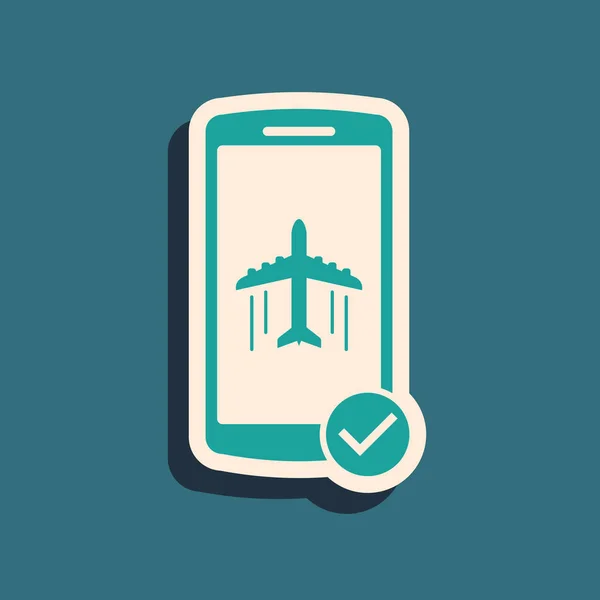 Zöld repülés mód-ban mozgatható telefon ikon elszigetelt-ra kék háttér. Repülőgép vagy repülőgép repülés nélküli mód utasszabályozás légitársaság. Hosszú árnyékstílus. Vektoros illusztráció — Stock Vector