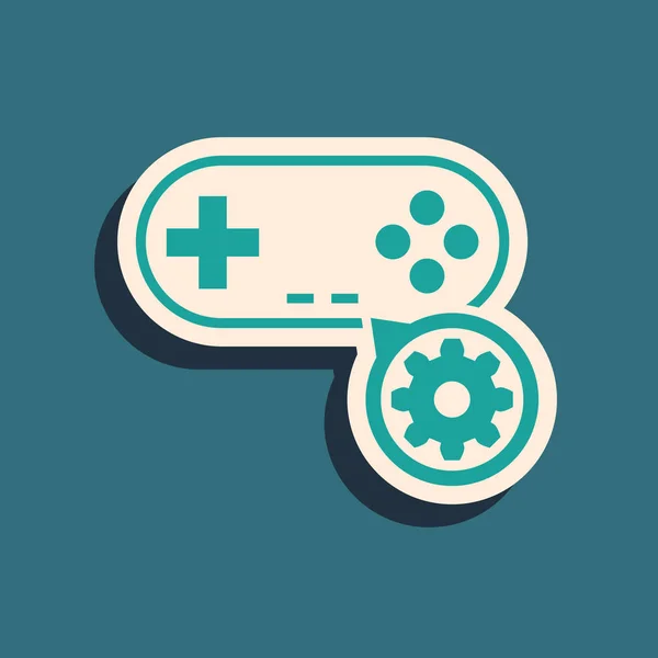 Green Gamepad and gear icon isolated on blue background. Adjusting app, service concept, setting options, maintenance, repair, fixing. Long shadow style. Vector Illustration — Stock Vector