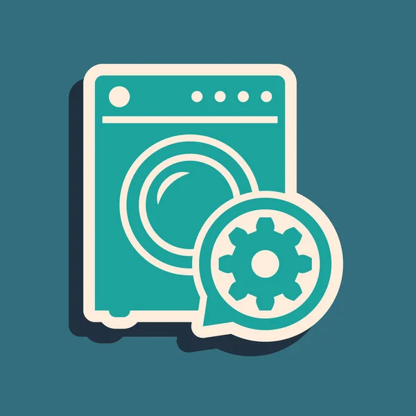 Green Washer and gear icon isolated on blue background. Adjusting app, service concept, setting options, maintenance, repair, fixing. Long shadow style. Vector Illustration — Stock Vector