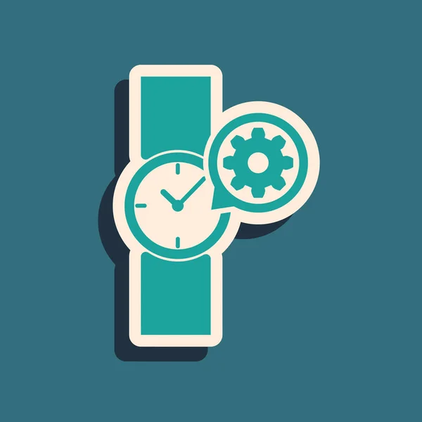 Zelený Náramkové hodinky a ikona převodovky izolované na modrém pozadí. Úprava aplikace, koncept služby, nastavení možností, údržba, opravy, upevnění. Dlouhý styl stínu. Vektorová ilustrace — Stockový vektor