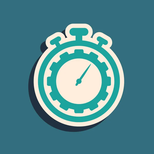 Icona gestione del tempo verde isolata su sfondo blu. Orologio e cambio. Simbolo di produttività. Lungo stile ombra. Illustrazione vettoriale — Vettoriale Stock