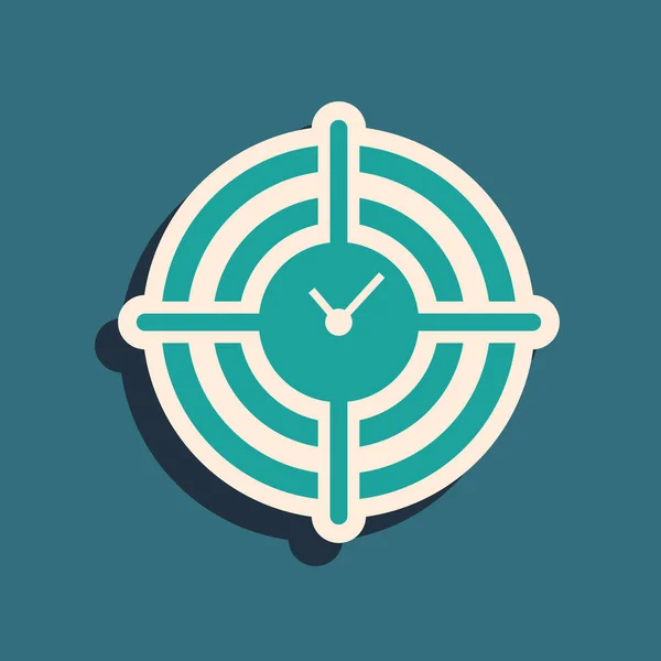 Grünes Zeitmanagement-Symbol auf blauem Hintergrund. Uhr und Schaltzeichen. Produktivitätssymbol. Lange Schatten. Vektorillustration — Stockvektor