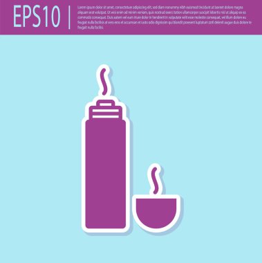 Turkuaz arka planda izole edilmiş mor termos konteynır ikonu. Termo matara ikonu. Kamp ve yürüyüş ekipmanları. Vektör İllüstrasyonu