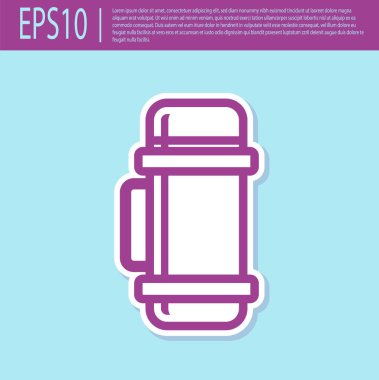 Turkuaz arka planda izole edilmiş mor termos konteynır ikonu. Termo matara ikonu. Kamp ve yürüyüş ekipmanları. Vektör İllüstrasyonu