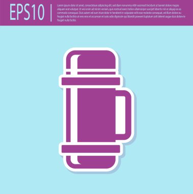 Turkuaz arka planda izole edilmiş mor termos konteynır ikonu. Termo matara ikonu. Kamp ve yürüyüş ekipmanları. Vektör İllüstrasyonu