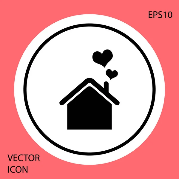 Casa Negra con icono en forma de corazón aislado sobre fondo rojo. El símbolo del amor en casa. Familia, bienes raíces y bienes raíces. Botón círculo blanco. Ilustración vectorial — Vector de stock