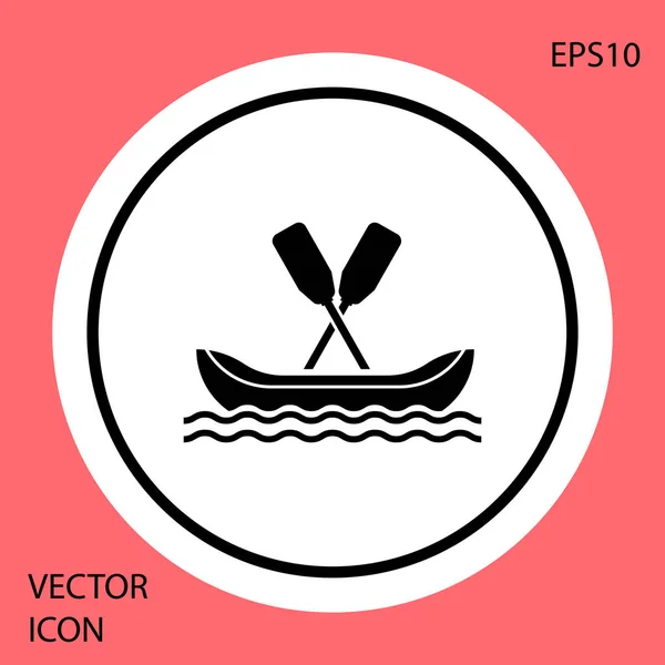 Black Rafting boat icon isolated on red background. Kayak with paddles. Water sports, extreme sports, holiday, vacation, team building. White circle button. Vector Illustration