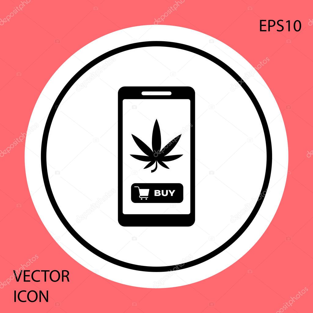 Black Mobile phone and medical marijuana or cannabis leaf icon isolated on red background. Online buying symbol. Supermarket basket. White circle button. Vector Illustration