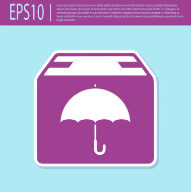 Turkuaz arka planda izole şemsiye sembolü simgesi ile Retro mor Teslimat paketi. Şemsiye tabelalı paket karton kutu. Lojistik ve teslimat. Vektör İllüstrasyonu