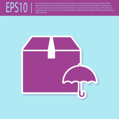 Turkuaz arka planda izole şemsiye sembolü simgesi ile Retro mor Teslimat paketi. Şemsiye tabelalı paket karton kutu. Lojistik ve teslimat. Vektör İllüstrasyonu