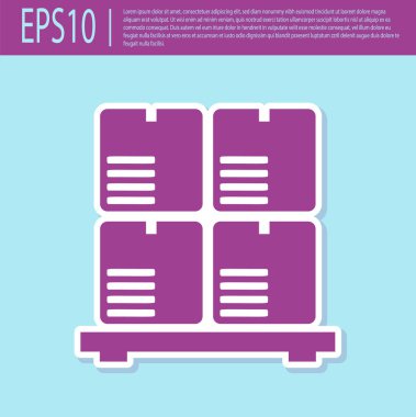 Turkuaz arka planda izole palet simgesi üzerinde Retro mor Karton kutular. Kırılgan işaretleri ile kapalı karton teslimat ambalaj kutusu. Vektör İllüstrasyonu