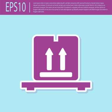 Turkuaz arka planda izole palet simgesi üzerinde Retro mor Karton kutular. Kırılgan işaretleri ile kapalı karton teslimat ambalaj kutusu. Vektör İllüstrasyonu