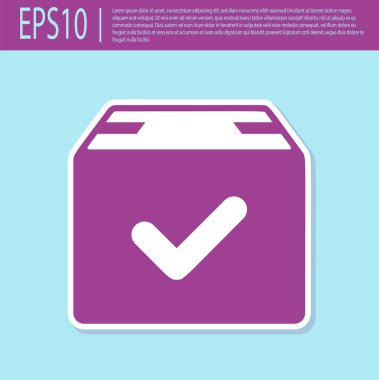 Turkuaz arka planda izole edilmiş onay işareti simgesine sahip Retro mor Paket kutusu. Onay damgalı paket kutusu. Onaylı teslimat veya başarılı paket makbuzu. Vektör İllüstrasyonu
