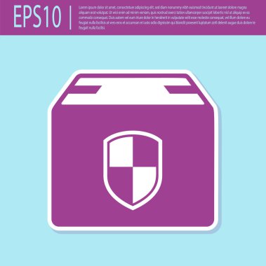 Retro mor Teslimat paketi turkuaz arka planda izole kalkan simgesi ile güvenlik sembolü. Teslimat sigortası. Kalkanın ötesindeki karton kutular sigortalı. Vektör İllüstrasyonu