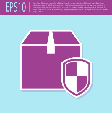 Retro mor Teslimat paketi turkuaz arka planda izole kalkan simgesi ile güvenlik sembolü. Teslimat sigortası. Kalkanın ötesindeki karton kutular sigortalı. Vektör İllüstrasyonu